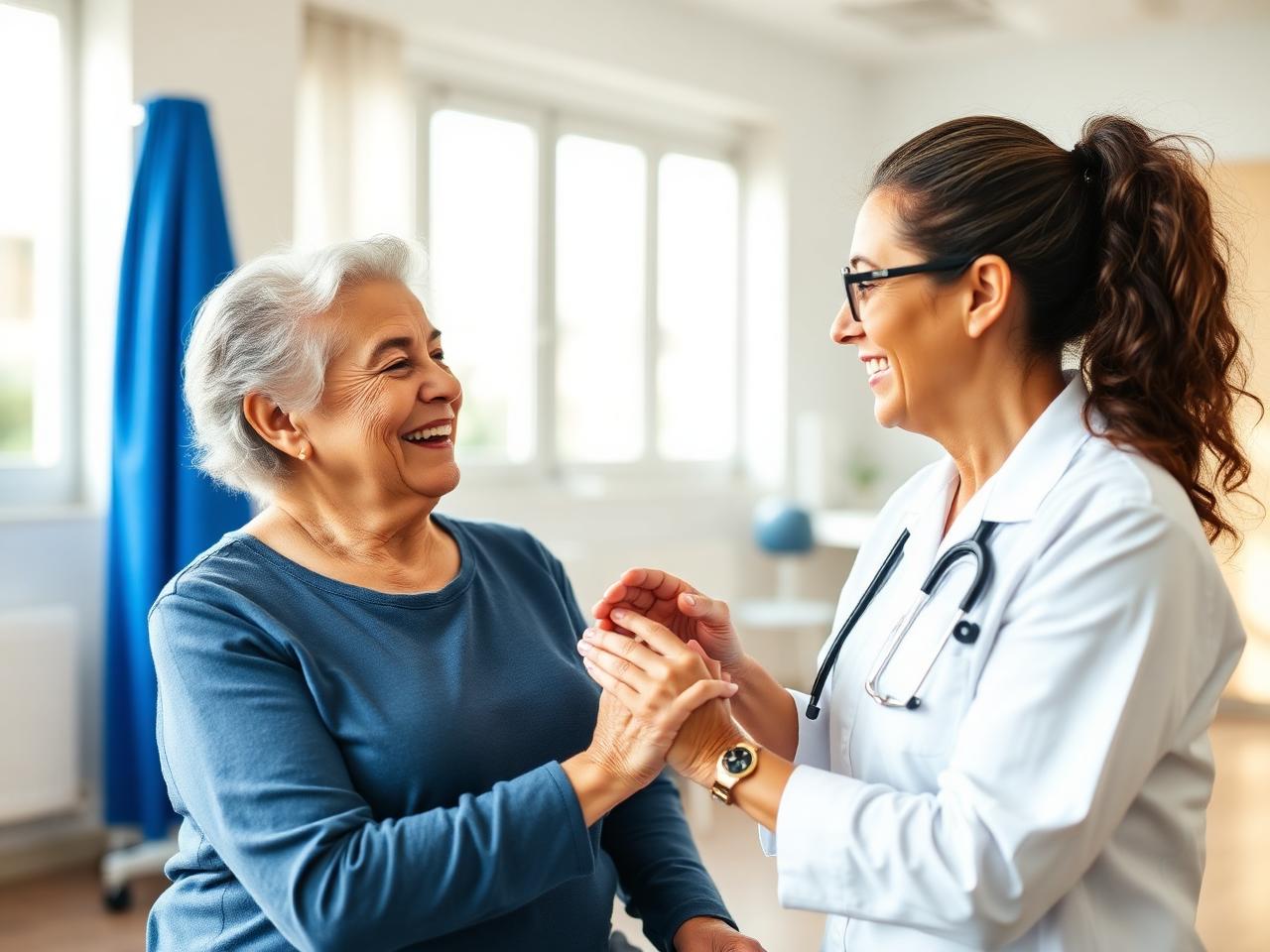 Fisioterapeuta atendendo uma paciente sorridente na clínica